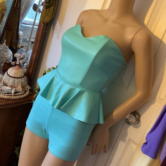 Turquoise strapless bustier leather peplum shorts romper playsuit jumpsuit S - Picture 7 of 15